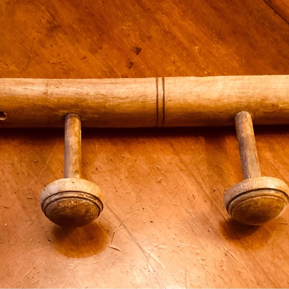 Antique French elm wood large,faux bamboo hat rack in tan with black accents